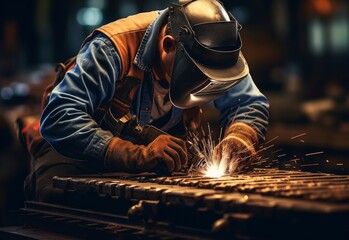 Fototapeta premium Skilled Welder Seamlessly Working on Metal
