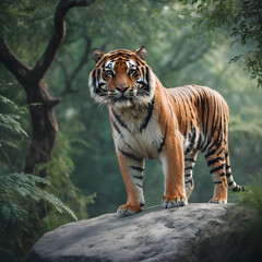 Obraz premium A formidable tiger standing on a rock surrounded by trees and vegetation. Splendid nature concept.
