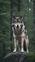 Obraz premium A formidable Wolf standing on a rock surrounded by trees and vegetation. Splendid nature concept.