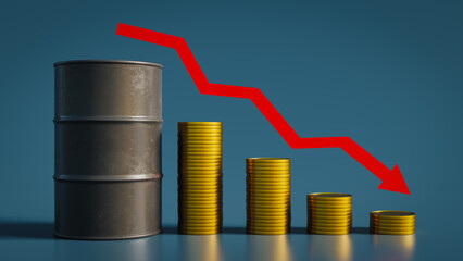 Oil price fall and oil barrels and chart.3d rendering