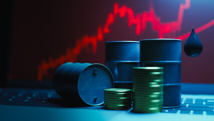 Oil price chart and oil drums with money.3d rendering