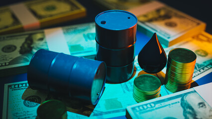 Oil price concept with dollar bills and oil drums. 3d rendering