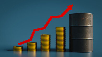 Oil price rise and oil barrels and chart.3d rendering