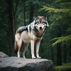 Fototapeta premium A formidable Wolf standing on a rock surrounded by trees and vegetation. Splendid nature concept.