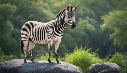 Fototapeta na wymiar A formidable Zebra standing on a rock surrounded by trees and vegetation. Splendid nature concept.