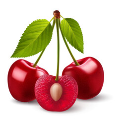 A stems with red cherries, accompanied by a green leaf, placed on a white background. The stem holds three sweet cherry fruits, with one of them cut in half revealing its pit - 735543312