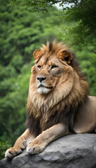 Fototapeta premium Majestic lion sits on rock surrounded by green trees, concept of Majestic and Nature