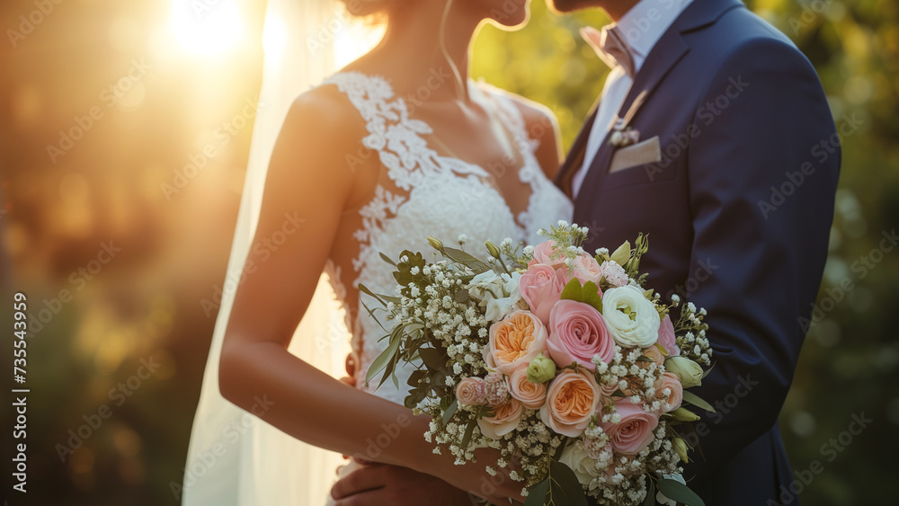 Canvas Prints In the midst of the wedding ceremony, the bride, dressed in a meticulously crafted lace gown, stood beside the groom, her hand holding a delicate bouquet of roses. - Canvas Prints