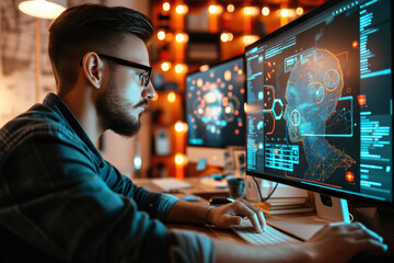 Fototapeta premium A young male software developer in his office, programming artificial neural networks as part of a machine learning AI development project.