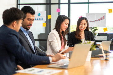 Business asian team professional collaborative meeting at office, teamwork, innovation and strategy, charts, brainstorming session, ideal corporate, business planning, successful startup at workplace