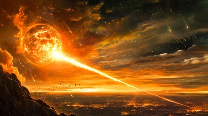 comet, An explosive solar event looms over a serene landscape.