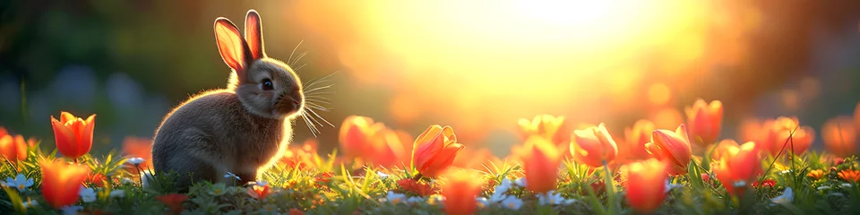 Fototapeten Cute rabbit with tulip flowers. Bunny on spring sunny field. Funny pet. Modern concept. Happy Easter banner, greeting card, invitation with copy space © ratatosk