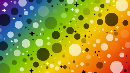 An abstract illustration of a rainbow gradient with white and black circles and stars.