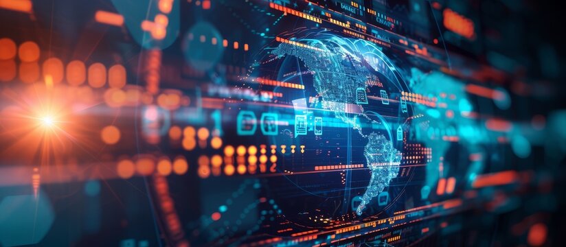 Futuristic digital world map with a glowing globe for global technology concept and future communication visualization - Powered by Adobe