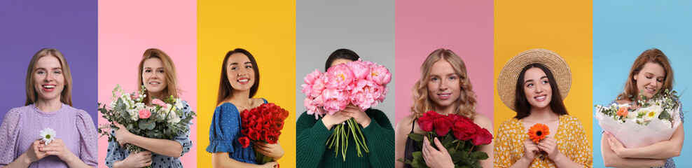 Charming ladies with beautiful flowers on different colors backgrounds, collage. 8 March - Happy...