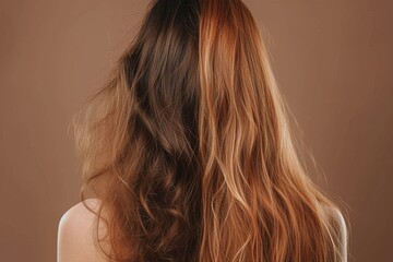 Naklejka premium A single woman is shown from behind, her hair featuring soft waves and stunning highlights against a uniform background