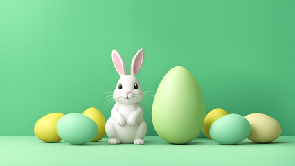 Fototapeta na wymiar 3D Playful Emerald Bunny Rabbit with Rainbow Eggs, Set Against a Green Pastel Background. Symbolizing Easter Joy.