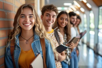Cheerful young adults in casual clothing holding books and digital devices, lined up in a school corridor - Powered by Adobe