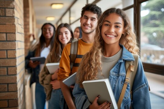 Students walking in a school hallway, with a young woman holding a tablet in the foreground
