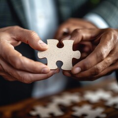 Detailed image showcasing hands engaged in solving a jigsaw puzzle - obrazy, fototapety, plakaty