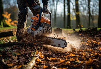 Man Using Chainsaw to Cut Leaves
