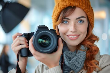 A joyful female photographer wearing a yellow beret smiles while holding a camera with a professional lens in a well-lit space - obrazy, fototapety, plakaty