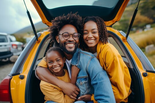 Happy African American family posing in the trunk of their SUV during a road trip - Powered by Adobe