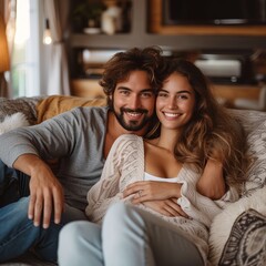 A joyful couple embraces on a couch, evoking feelings of love, comfort, and happiness in a cozy home setting