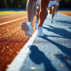Golden hour shot of athletes' feet running on an orange athletic track - obrazy, fototapety, plakaty