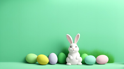 Fototapeta na wymiar Radiant 3D Bunny Rabbit Adorned with Colorful Eggs on a Pale Green Pastel Surface. Reflecting Easter Joy.