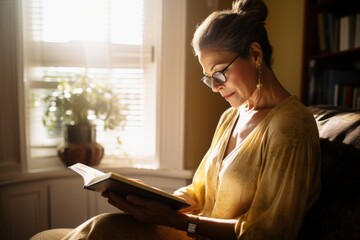 A serene afternoon scene of a mature woman with glasses and a ponytail, deeply engrossed in a book in her cozy living room