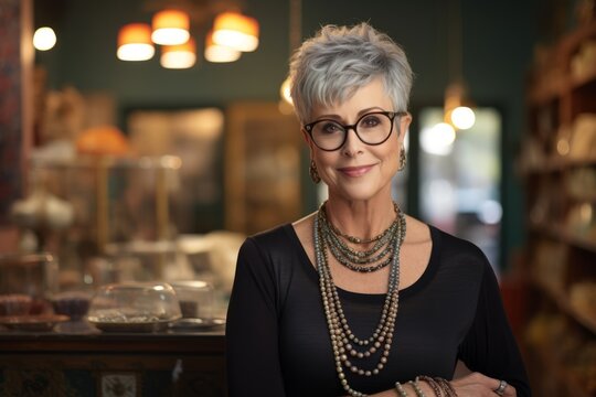 A confident woman in her middle years, sporting a pixie cut and a brilliant brooch, lost in the world of books in a retro-style bookstore