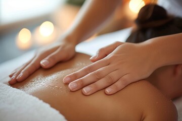 A soothing back massage captured in close-up, with focus on therapist's hands and oiled skin