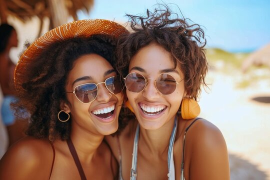 Two delighted women wearing large sunglasses and summer hats, sharing a laugh at a beach location