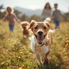 An excited golden retriever runs ahead of a family enjoying a beautiful day outdoors in a natural setting