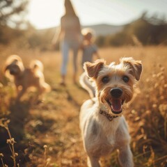 A joyful terrier looks at the camera as a family walks through a sunlit field, enjoying their time together