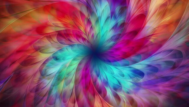 Abstract background with endless multicolor feather hypnotic spiral. Seamless loop. 4k