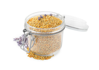 Fresh bee pollen granules in jar and lavender isolated on white