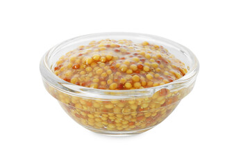 Fresh whole grain mustard in bowl isolated on white