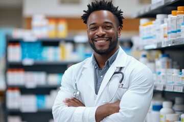 African male pharmacist with a friendly smile standing in pharmacy, shelves filled with medicine behind