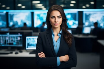 Fototapeta premium Image of a Female Security Expert in a Business Suit, Surrounded by High-Tech Computer Screens in a Control Room