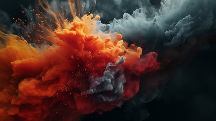 Organic particles expand across the frame like smoke in orange and grey background