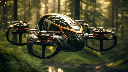 Futuristic drone car flies under the forest among the trees. Future transport. Generative AI.
