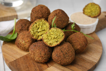 Delicious falafel balls, herbs and sauce on table, closeup