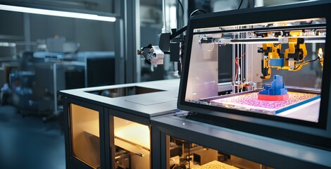 研究室に設置された3Dプリンターと画面上のCAD設計、医療施設｜3D printer installed in laboratory and CAD design on screen, medical facility. Generative AI