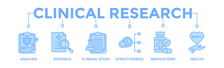 Fototapeta premium Clinical research banner web icon vector illustration concept with icon of analysis, evidence, clinical study, effectiveness, medications and health