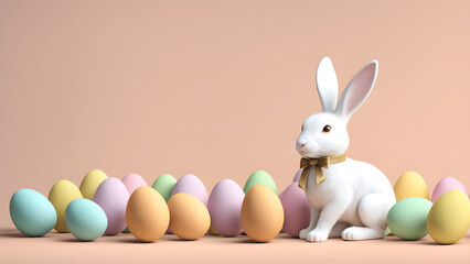Charming 3D Bunny Rabbit and Vibrant Eggs Against a Soft Pastel Backdrop. Ideal for Banner, Social Media, and Poster. Capturing Easter Joy.