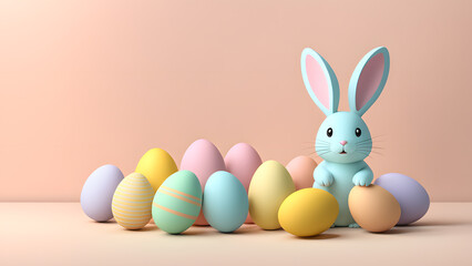 Enchanting 3D Bunny Rabbit Amidst a Kaleidoscope of Eggs on a Light Pastel Setting. Ready for Banner, Social Media, Poster. Conveying Easter Bliss.