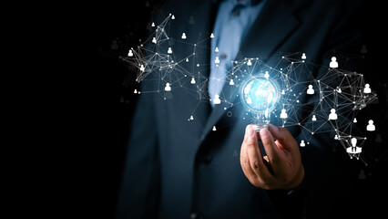 Businessman hold lightbulb with global of network structure HR - Human resources. Business leadership concept. Management and recruitment. Social network. Different people. HRM.
