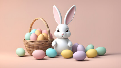 Fototapeta na wymiar Playful 3D Bunny Rabbit with a Collection of Rainbow Eggs on a Tender Pastel Background. Ready for Banner, Social Media, Poster. Portraying Easter Festivity.